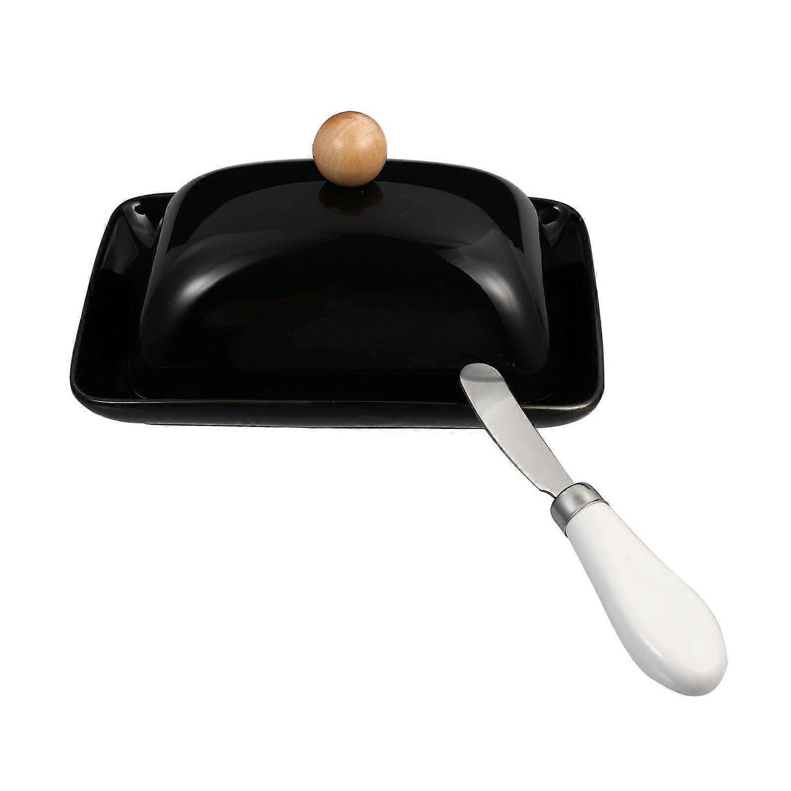 Ceramic Butter Dish with Lid for Kitchen, Black Butter Keeper Box, Multipurpose Serving Plate