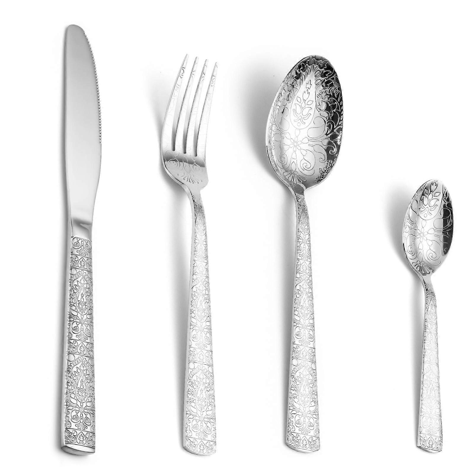 24 Piece Stainless Steel Flatware Set for 6, Elegant Engraved Design, Rust Resistant, Dishwasher Safe