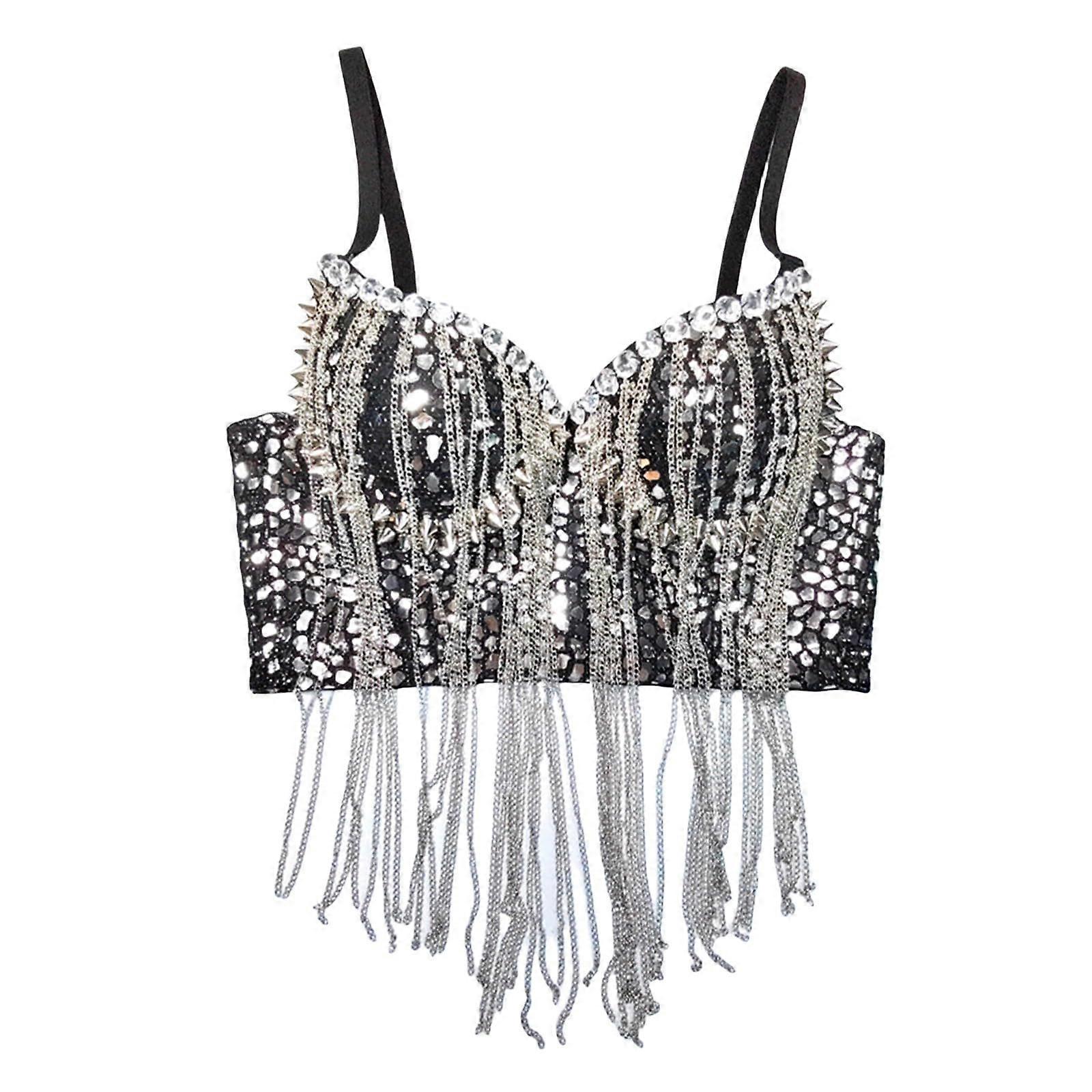Silver Sequin Bra Glitter Bustier  with Large Sparkling Sequins Backless for Party Dance