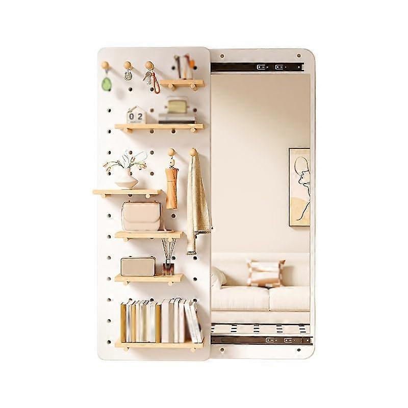 Wall Mounted Pegboard with Sliding Mirror, White Wooden Organizer Panel for SpaceSaving Storage