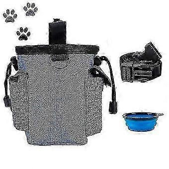Pochette de dressage pour chien avec ceinture, comprenant un porte-sac à déjections canines et une gamelle pliable, compatible avec des séances de dressage pratiques.