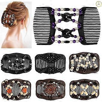 7 PCS Beaded Hair Combs Stretchy Double Hair Comb Elastic Comb Double Hair Combs Clips Hair Clip Stretchy for Women Girls Hair Accessory Hair Sty