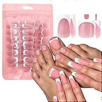 Formed Press On Manicure Pieces for Fingers and Toes, Matte French Tip Acrylic Set, 30 Pieces for Commute and Party Wear  White
