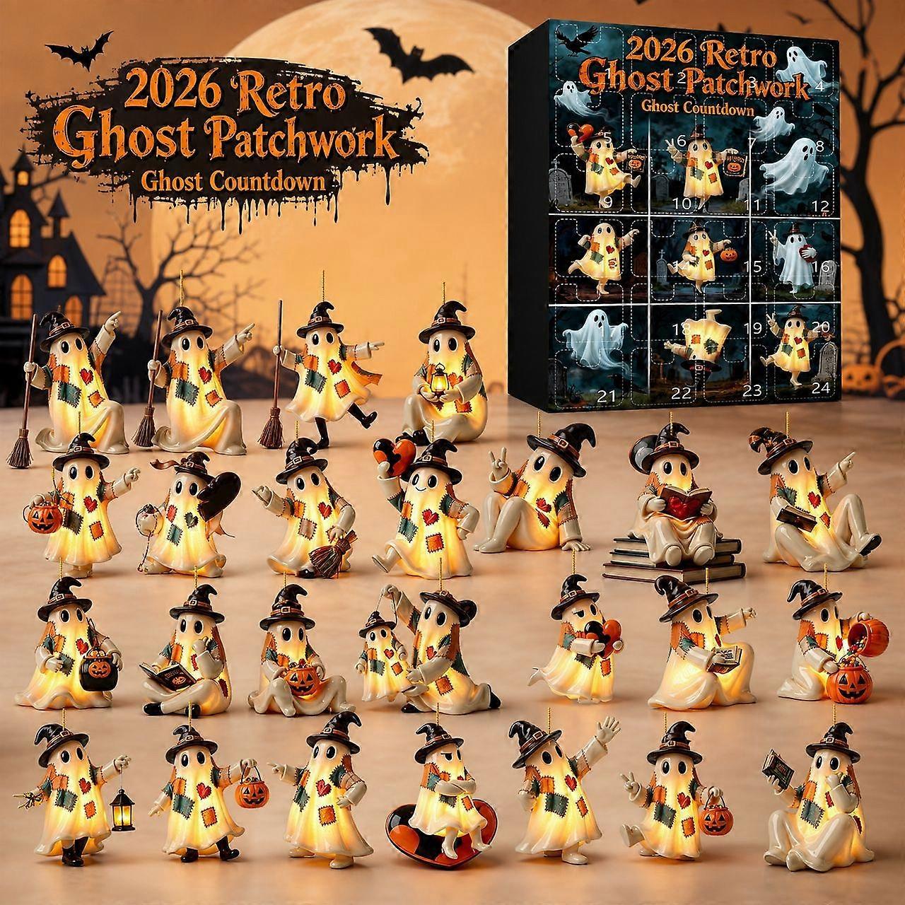 Countdown Calendar 2026 Retro Ghost Patchwork Design Numbered 1-24