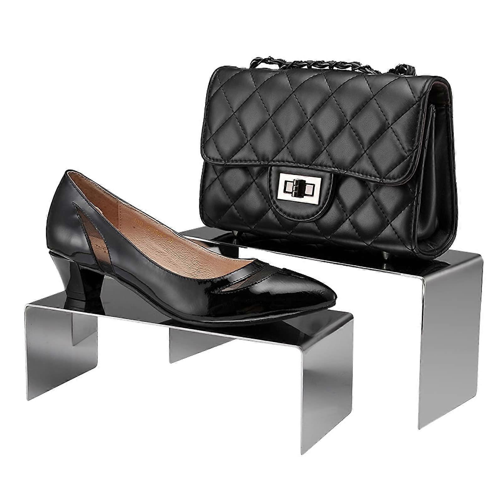 Silver TwoTier Handbag Display Stand and Shoe Rack, Stackable Countertop Riser for Retail