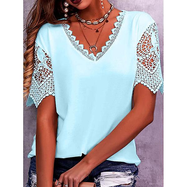 T-shirt femme Tee Jaune Rose Rouge uni Découpé Dentelle Garnitures Manches courtes Week-end décontracté Basic V Neck Regula