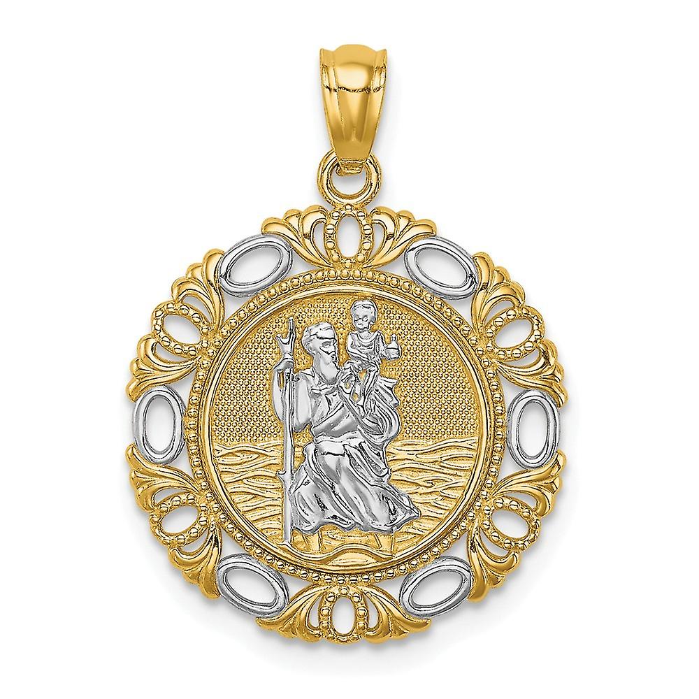 14k White Rhodium St. Christopher Medal Pendant Necklace 24.75x18mm Wide-Pendant for Women