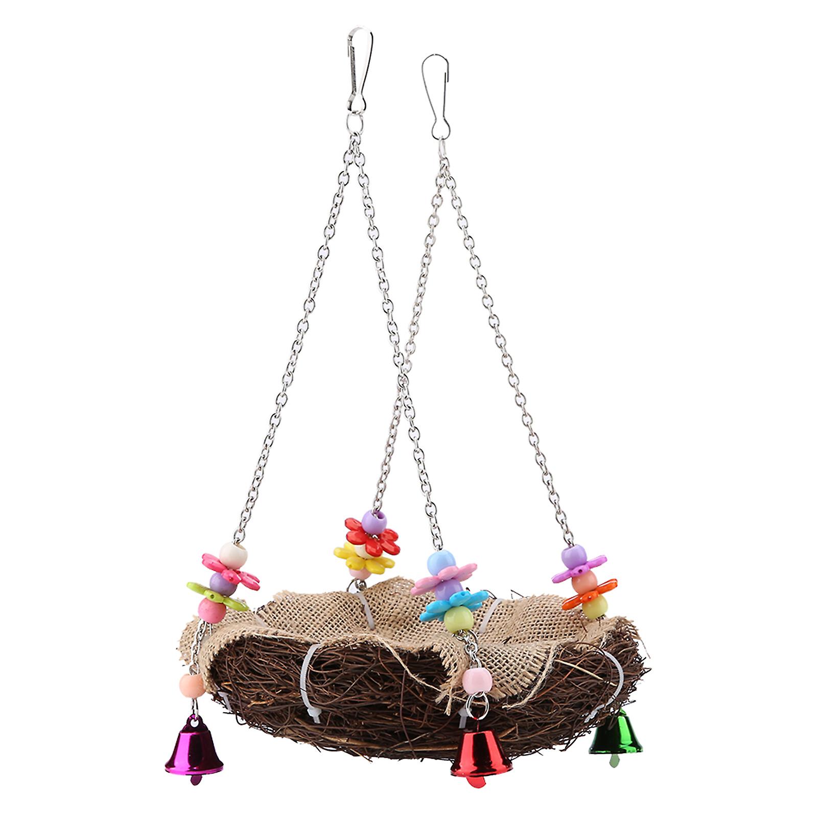 Rattan Bird Nest Hanging Toy with Bells Bird Swing Standing Perch Cage Hammock (L)