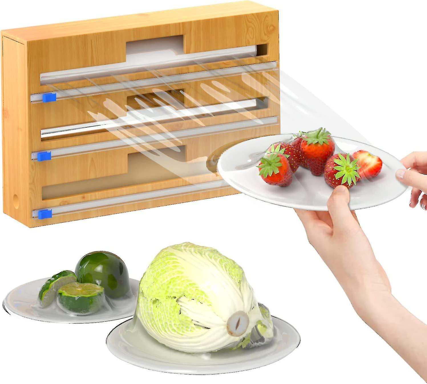 Bamboo Plastic Wrap Dispenser With Cutter 3-in-1 Bamboo Wrap Dispenser For Aluminum Foil, Wax And Parchment Paper Wrap Holder Roll Organizer And Stora