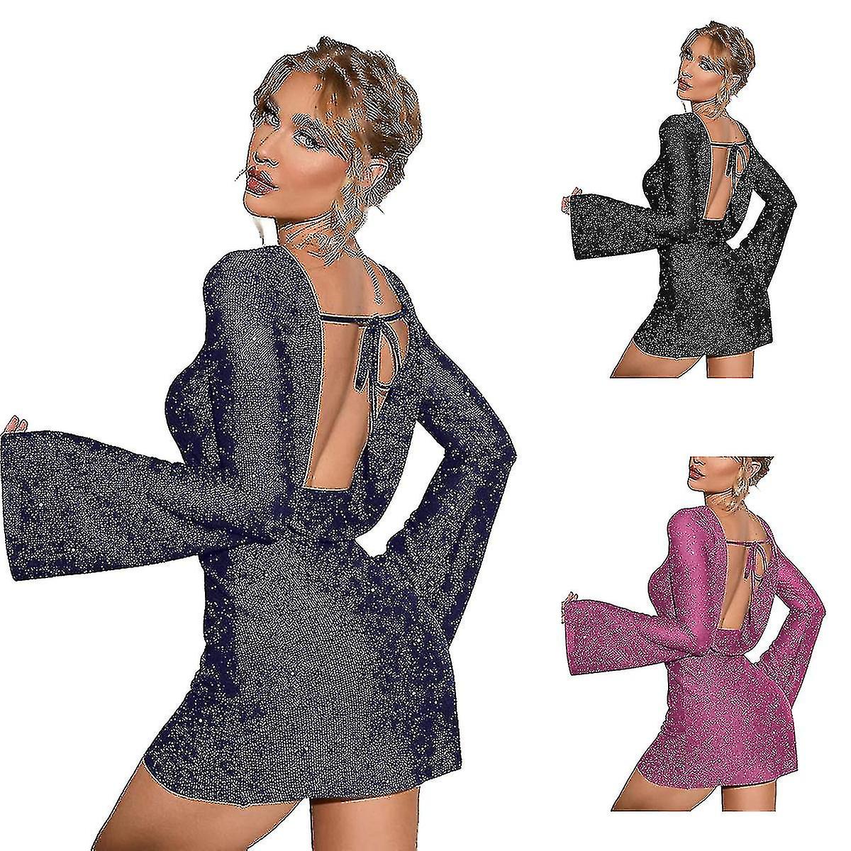 Women's Backless Flounce Sleeve Sparkling Mesh Mini Dress Z