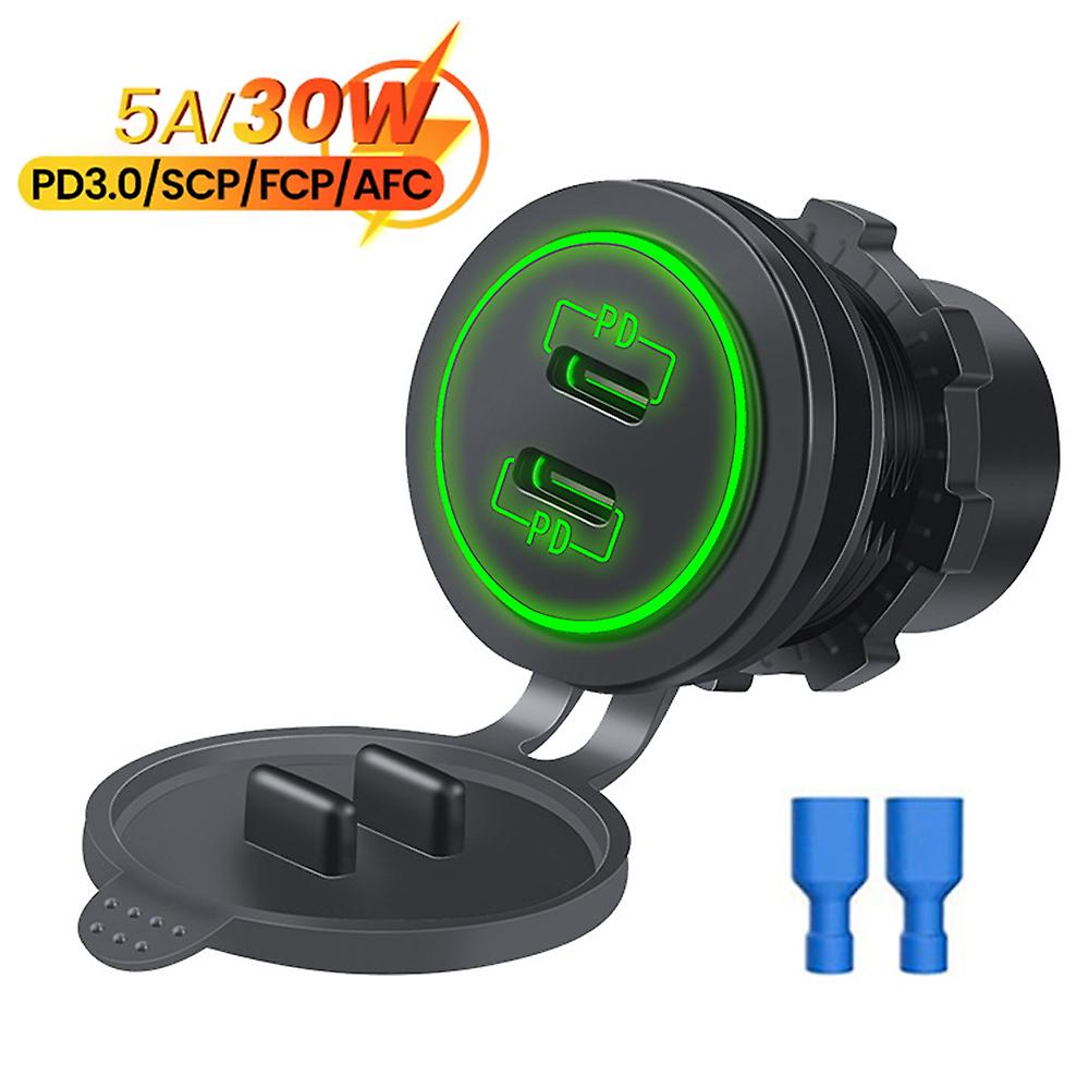 Car Charger Dual Pd Type-c Socket 12-24v Fast Charge With Led 3 Colors Light Waterproof Adapters For Car Boat Rv Quick Charge