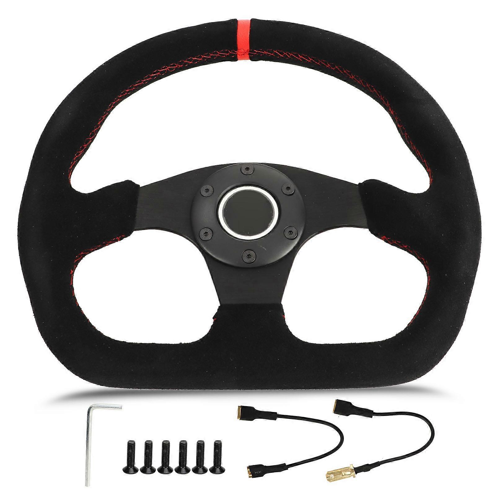 D Shape Steering Wheel 12.8in Suede Leather Race Style Steering Wheel with Red Stitch and Horn Button E2U611