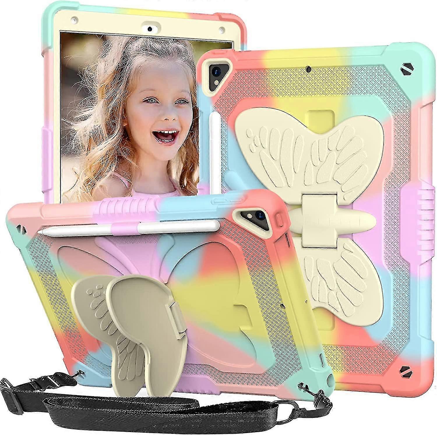 هوجينل لآيباد 9/8/7 حقيبة الجيل مع حامل قلم رصاص حزام كتف ستاند، فراشة آيباد 10.2 بوصة 2021/2020/2019 للأطفال فتاة شوكب