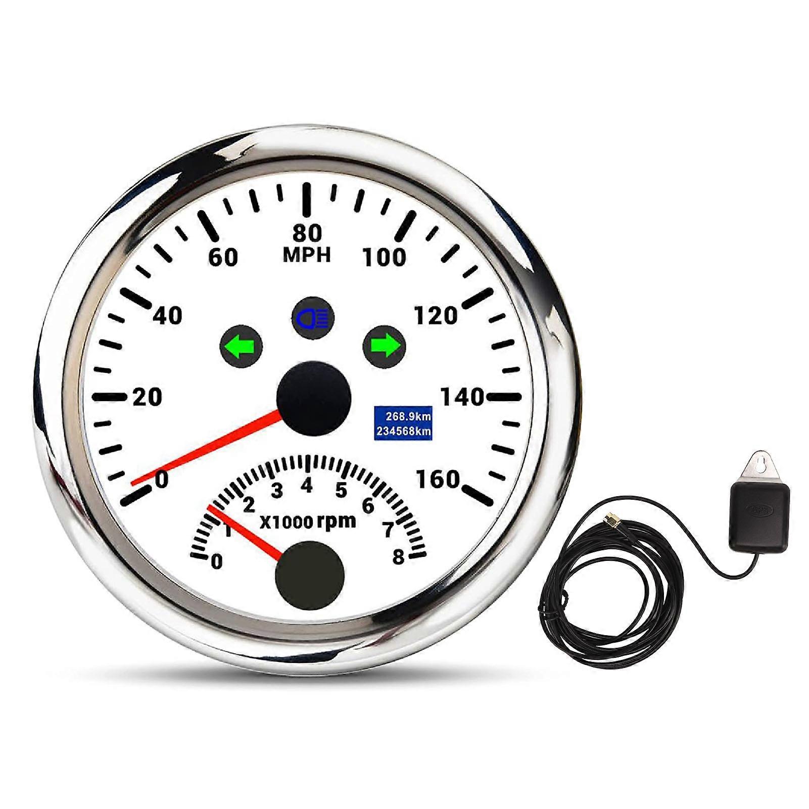 GPS Speedometer With Tachometer 8000RPM DC9 to 32V IP67 Waterproof 0 to 160MPH Red Backlight Accurate for Boat ATV White Dial
