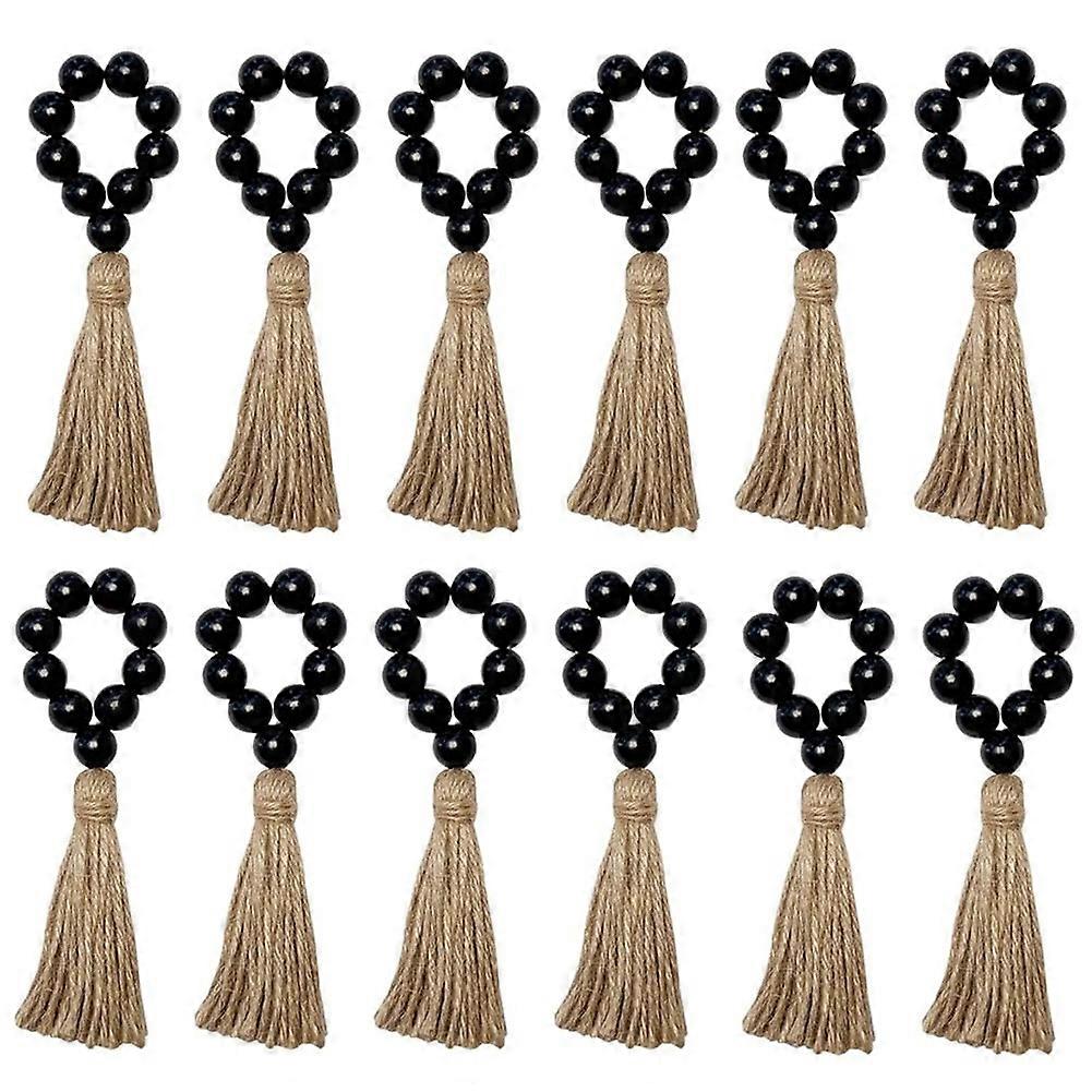 ナプキンリング12個セット、木製ナプキンリング、タッセル付きウッドビーズ弾性農家ナプキンリング、自由奔放に生きるナプキンリング