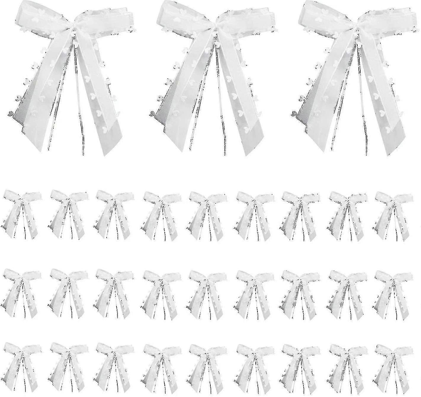 100 Car Bows For Wedding With Hearts,tulle And Satin Ribbon,white