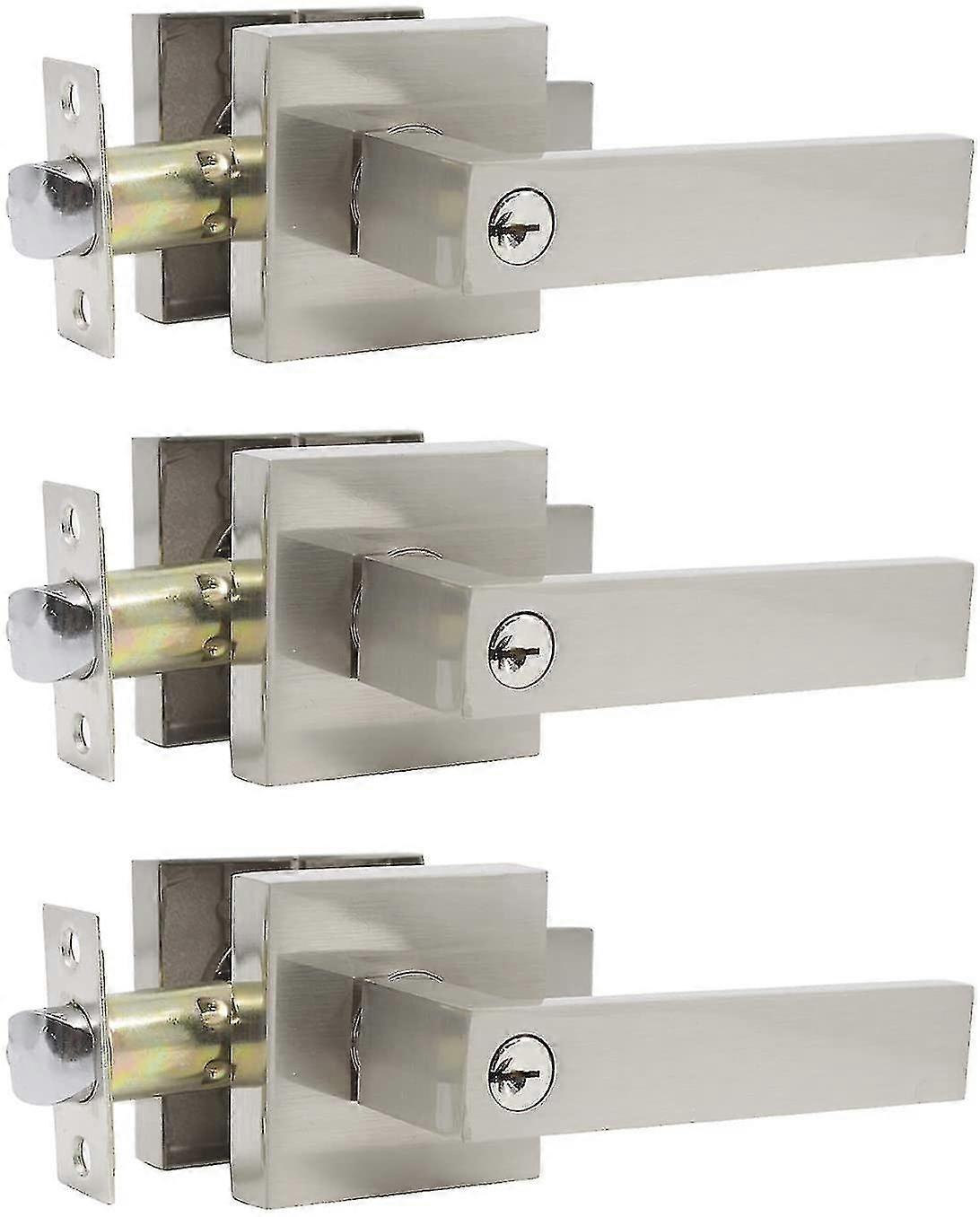 Satin Nickel Flat Lever Keyed Entry Door Lock/Door Knob Hardware Knob Lever And Front Door Leverset Lockset, 3 Pack, Keyed Alike/Combo Keys, Left Or R