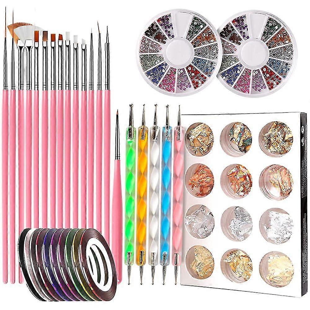 Nail Pen Designer, Nail Art Tool With 15pcs Nail Painting Brushes, Nail Dotting Tool, Nail Foil, Manicure Tape, Color Rhinestones Compatible With Nail