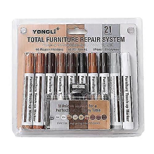 21 Stück Möbelreparatursatz, Möbelreparaturmarker und Wachsstifte, Möbelreparaturstifte für Flecken, Kratzer