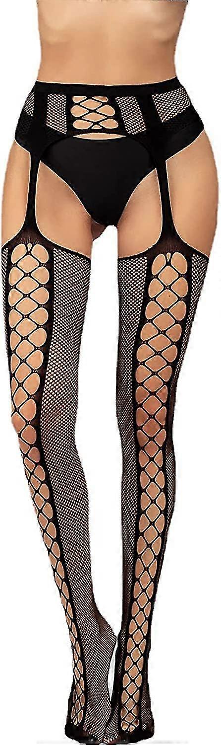 Damen Netzstrumpfhose Mit Annähtem Strumpfhalter Hohe Taille Oberschenkelhohe Strümpfe S-3XL/YY