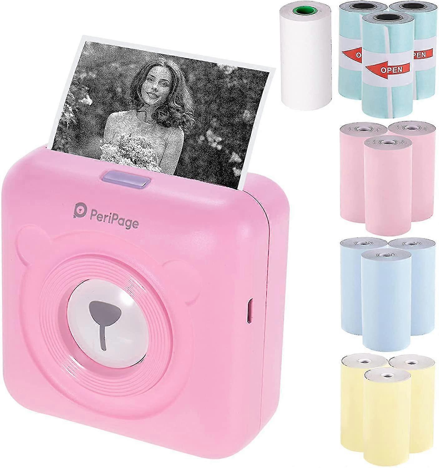 Mini stampante + 9 fogli di carta termica, stampante termica portatile + Fiox rosa