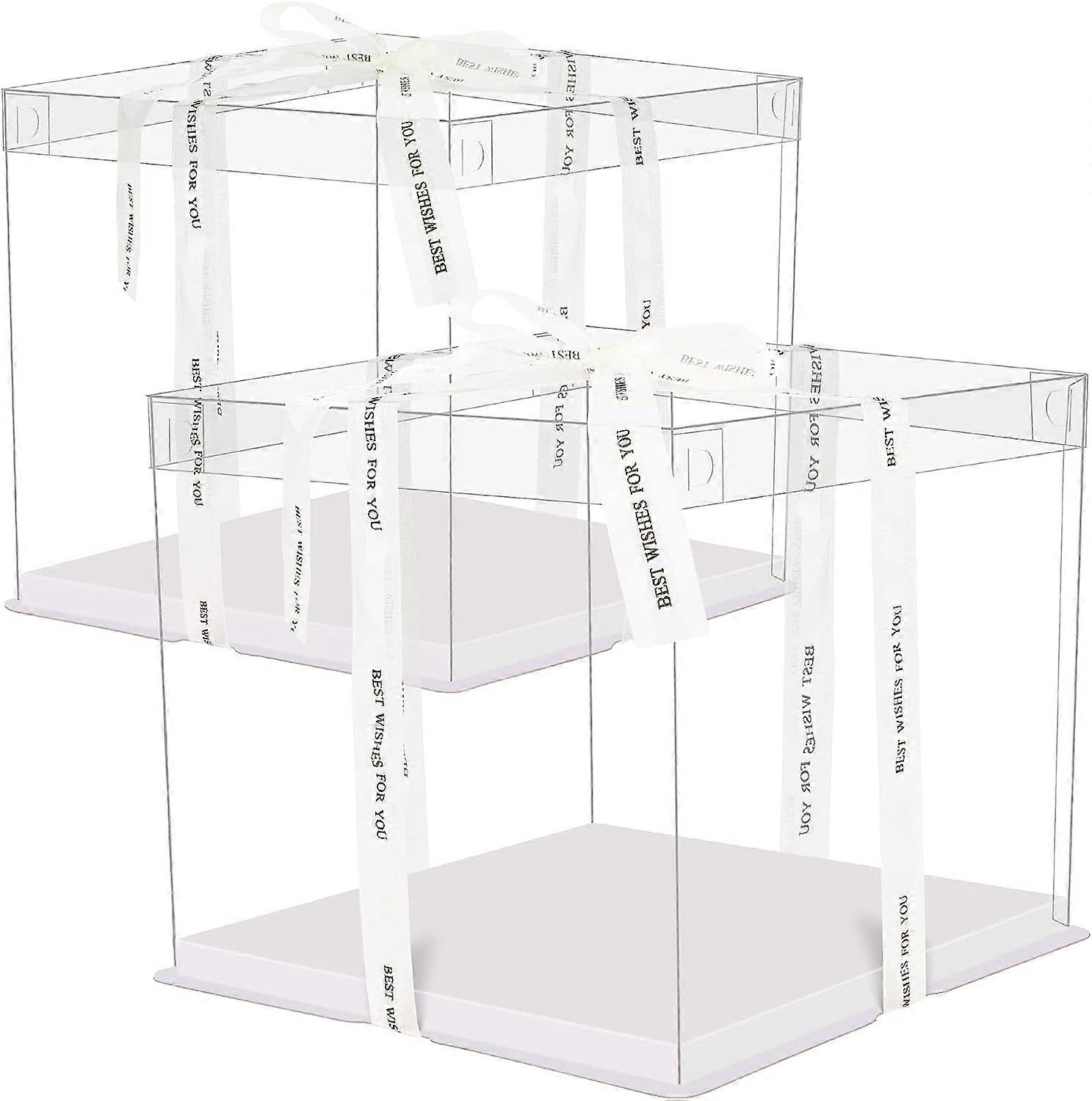 2pcs 10 Inch Transparent Cake Box, Plastic Gift Box with Lids Double Layer Cake Box Cake Box with Ribbon Base Bakery Packaging Box