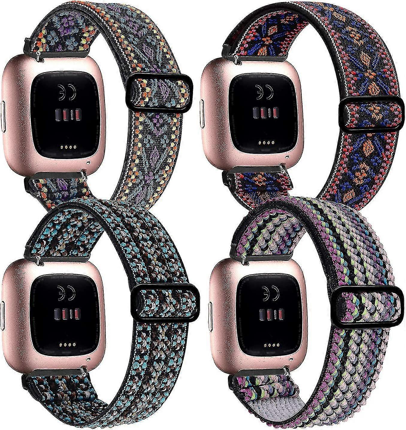 4 Pack Adjustable Elastic Bands Compatible With Fitbit Versa 2 / Versa/versa Lite, Soft Loop Nylon Fabric Breathable Stretchy Replacement Straps For V