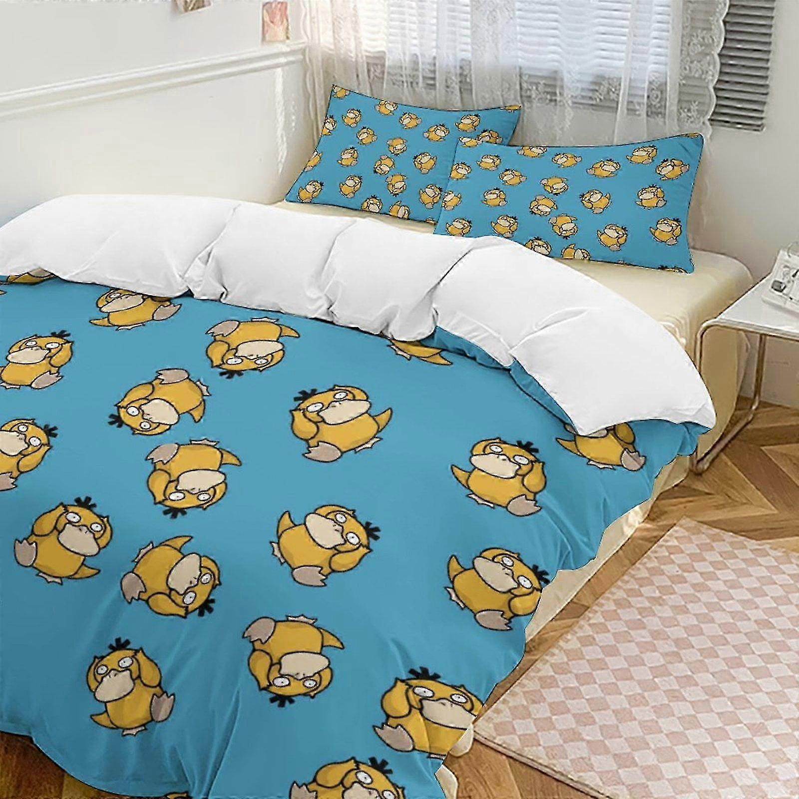 Lençóis Psyduck Capa de Edredom de Cama Engraçado Anime Cartoon Conjuntos de Cama Conjuntos de Edredom Leve de 3 Peças, 1 Capa de Edredom e 2 Fronhas
