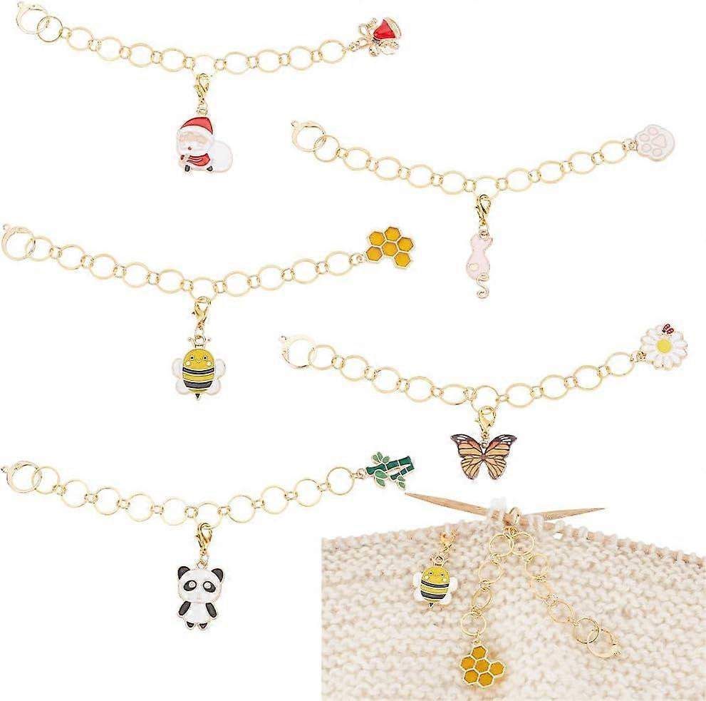 5Pcs 5 Styles Cat/Panda/Butterfly Alloy Enamel Pendant 304 Stainless Steel Knitting Row Counter Chains Golden 143~151mm 1pc/style