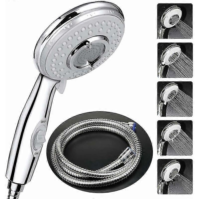 Shower Head + 2m Flexible Shower Hose, Shower Head with Hose, 5 Water Saving Modes and On/Off Button, High Pressure Handheld Shower Head