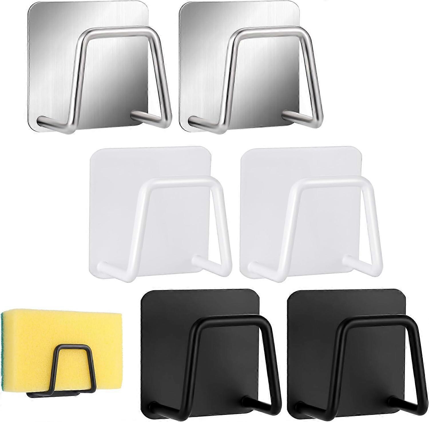 6 Pcs Sponge Holder, Sponge Rack No Drilling, Durable Waterproof Sticky Hooks for Hanging, Stainless Steel Rustproof Sink Caddy Organiser for Sink