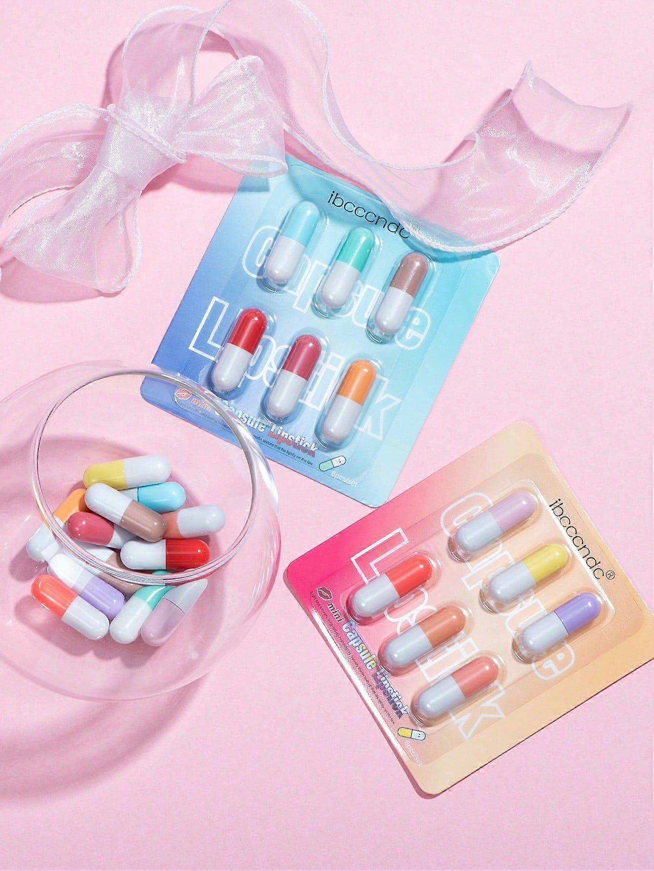 ibcccndc 6pcs/Set Mini Cute Capsule Lipstick Set With Lip Balm Moisturizing Waterproof Non-Stick Cup Carry Pill Lipstick Lips Makeup Gift