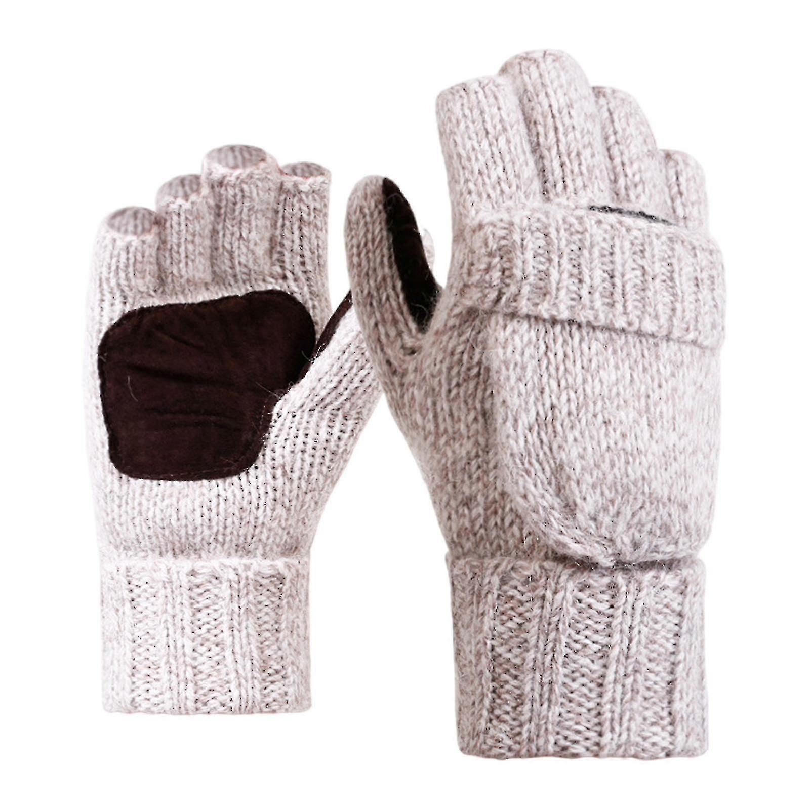 Flip Fingerless Gloves Knitting Half Finger Mittens For Running Beige