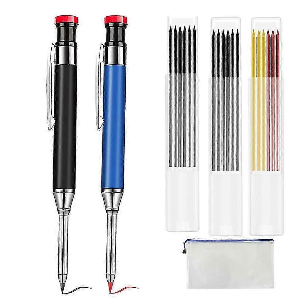 2 Pcs Solid Carpenter Pencil With 18 Refill Red Yellow Black Carpenter Mechanical Automatic Pencils