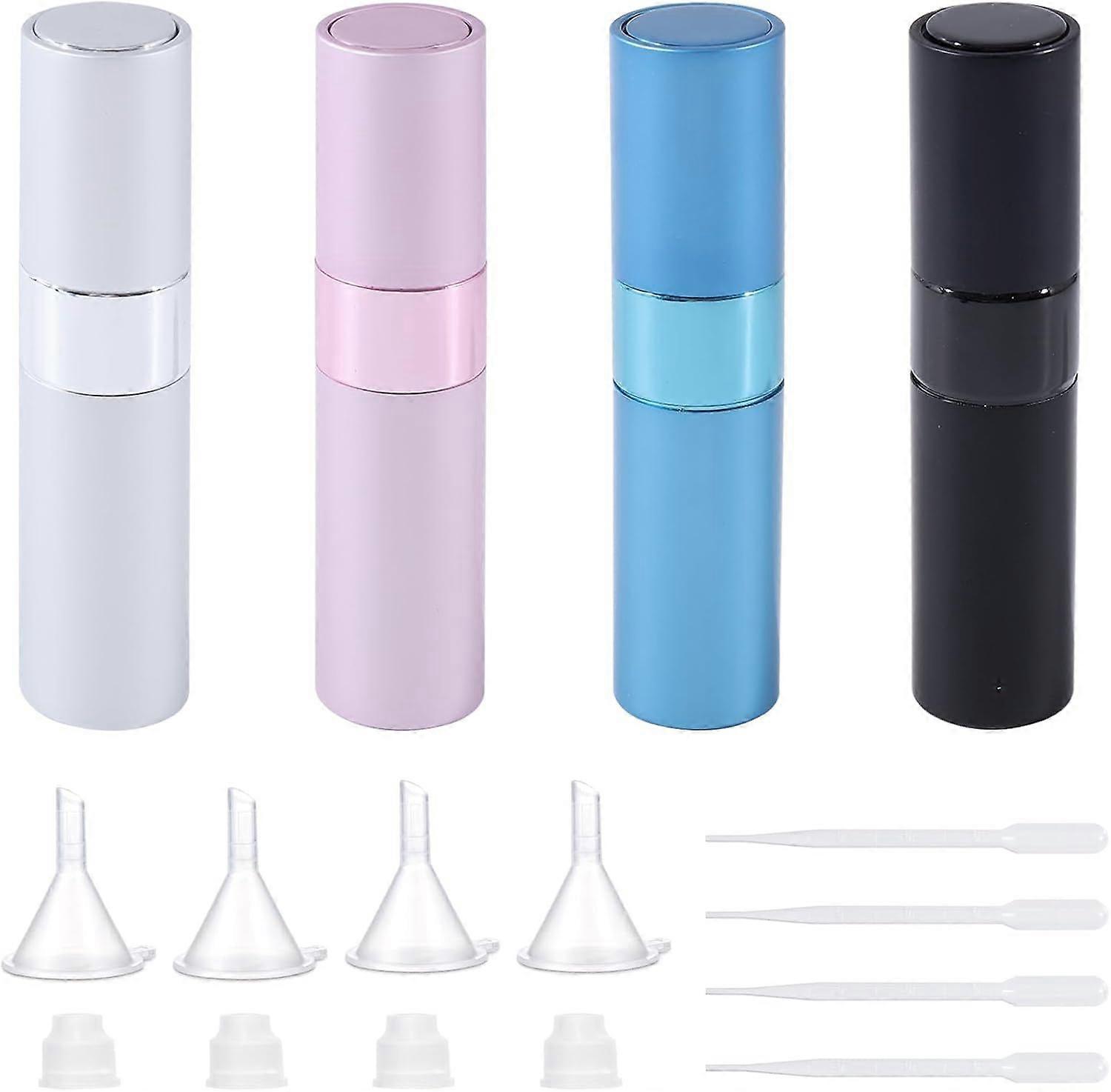 4 Colors 8ml Refillable Perfume Atomizer Rotary Spray Bottle with 4Pcs Plastic Pump 4Pcs Funnel Hopper and 4Pcs 3ml Dropper Empty for Perfume Sample