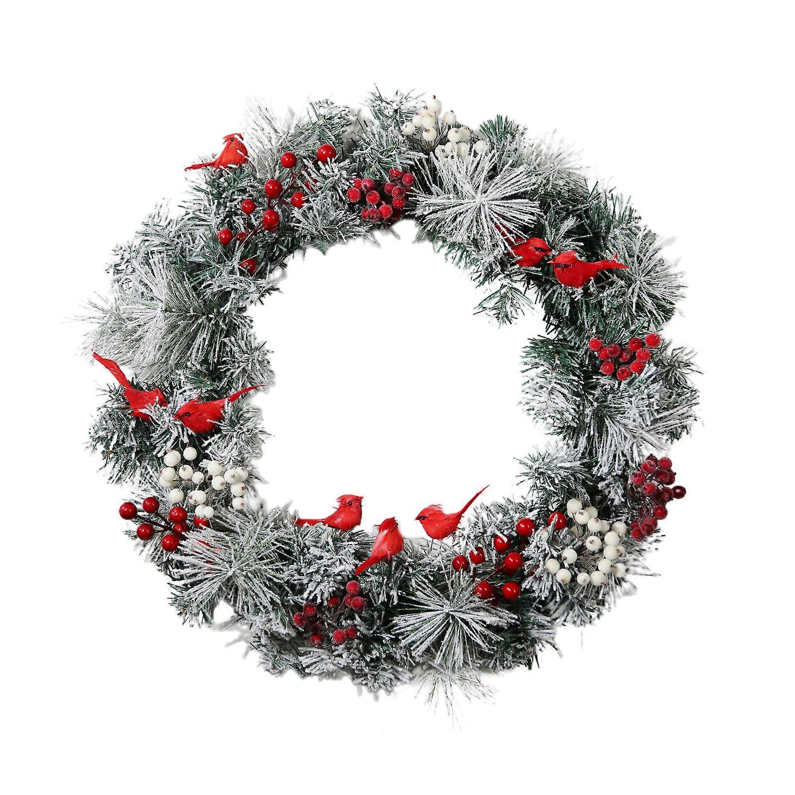 植毛パインクリスマスリースと赤い鳥とホリデーベリー