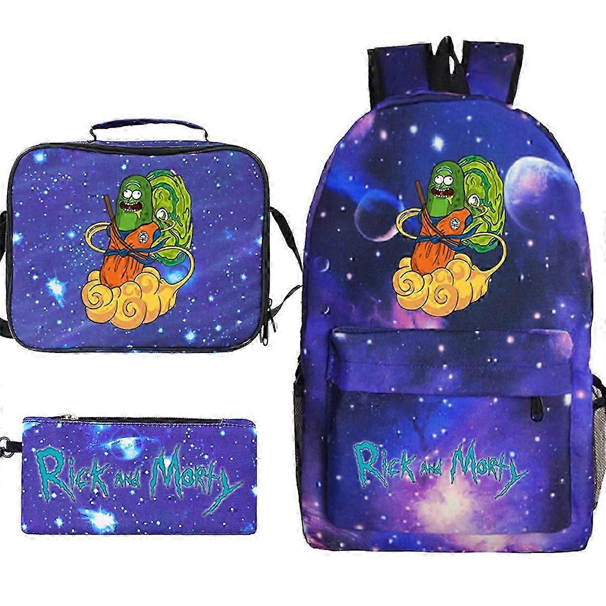 3 قطع / مجموعة ريك الخيار المطبوعة على ظهره مجموعة مع حقيبة الكتف مقلمة القضية حقيبة مدرسية السفر Daypack حقائب الكتب خفيفة الوزن