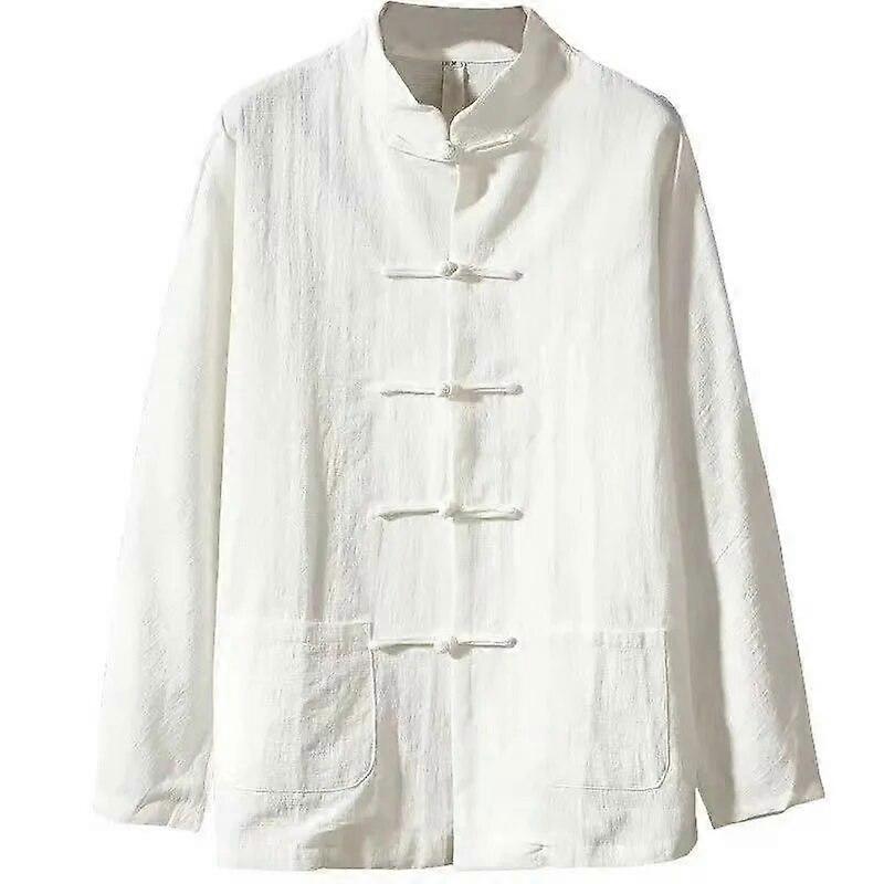 Plus Size Men Cotton Linen Autumn Spring Men Collarless Long Sleeve Frog Button Loose Blouse Tops Oversized