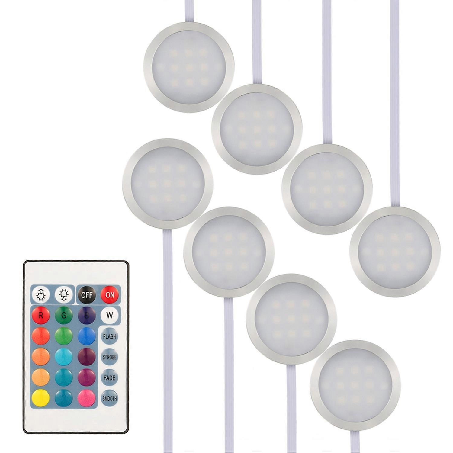 8PCS Slim Round Shape RGB LEDs Under Cabinet Light Kit SMD5050 Puck Lamp Color-changing Dimmable Bri