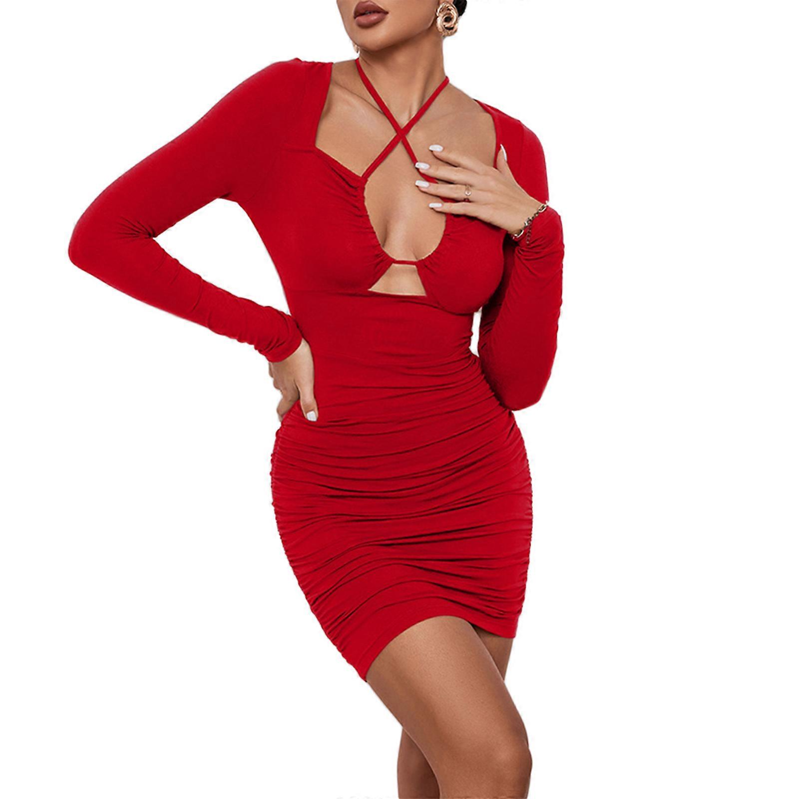 Women's Sexy Criss Cross Halter Tie Up Ruched Bodycon Dress Casual Long  Sleeve Cutout Mini Short Dress Fall Streetwear Red S
