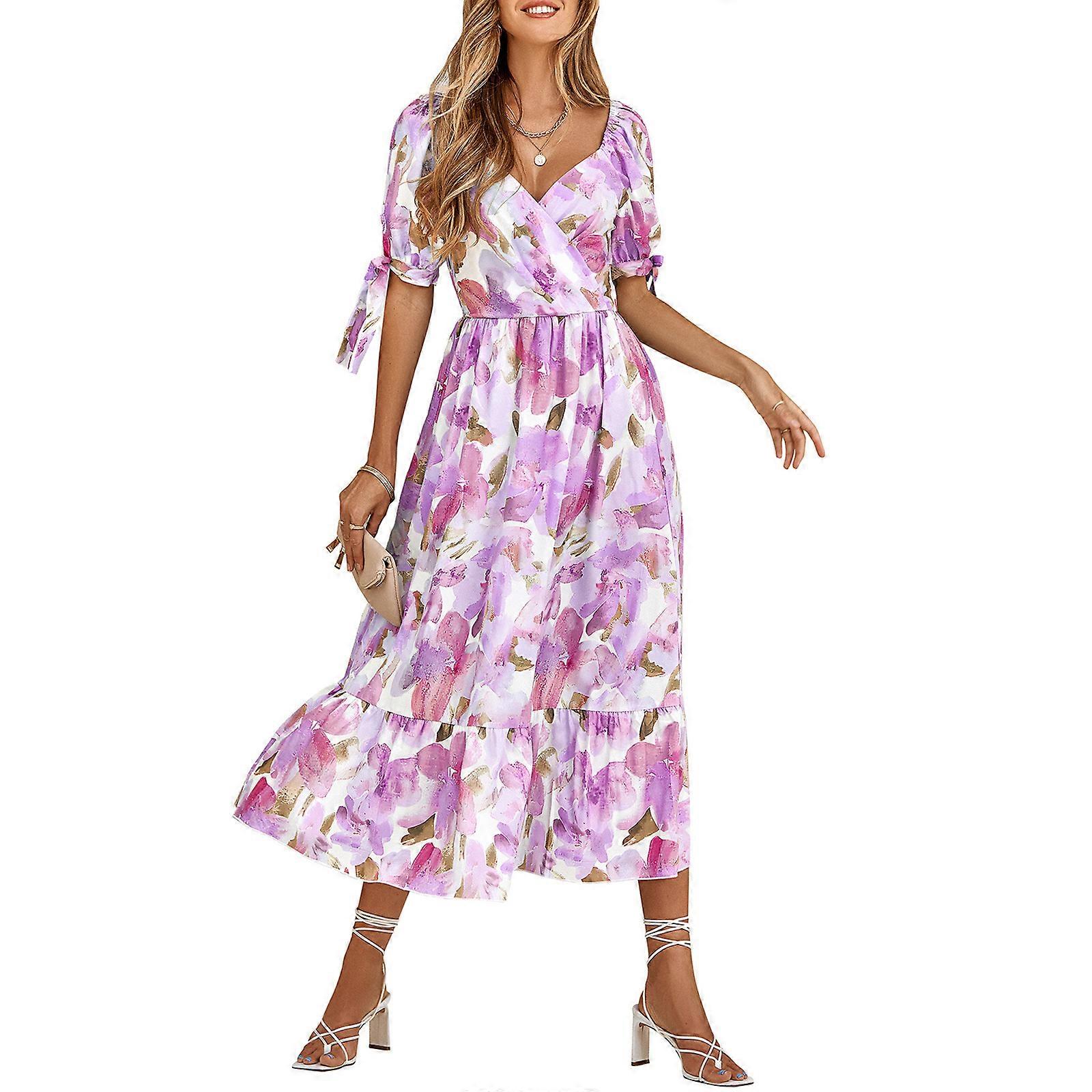 Kadınlar Kendinden Bağlı Puf Yarım Kollu Sarma V-Yaka Fırfır Etek Midi Uzun Elbise Bohem Çiçek Baskı Yüksek Bel A-Line Elbiseler Mor XL