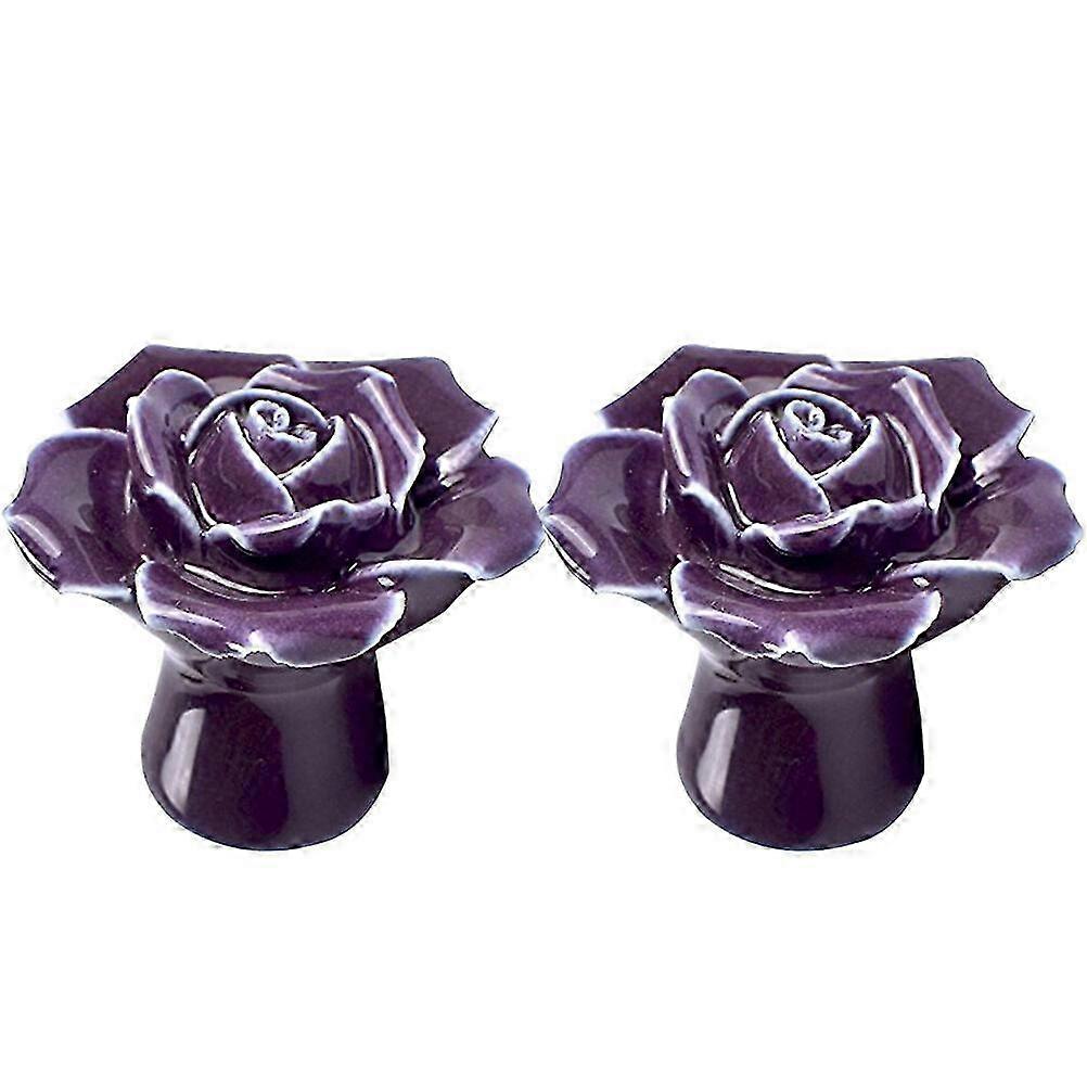 LM 2pcs Rose Shaped Ceramic Kitchen Cupboard Cabinet Drawer Door Knobs Pull Handles (Purple) NMJ