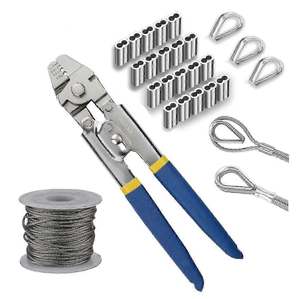 Wire Rope Crimping Tool,50FT Wire Rope,Wire Crimping Tool Kit with 200PCS Aluminum Crimping Loop S