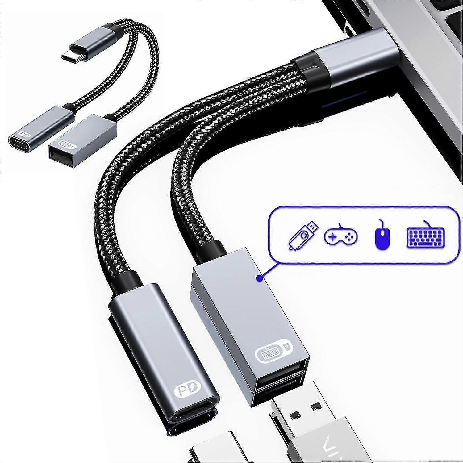 USB C to USB OTG Adapter with PD 60W Fast Charging 2-in-1 Type C to Female USB 3.0 Splitter for