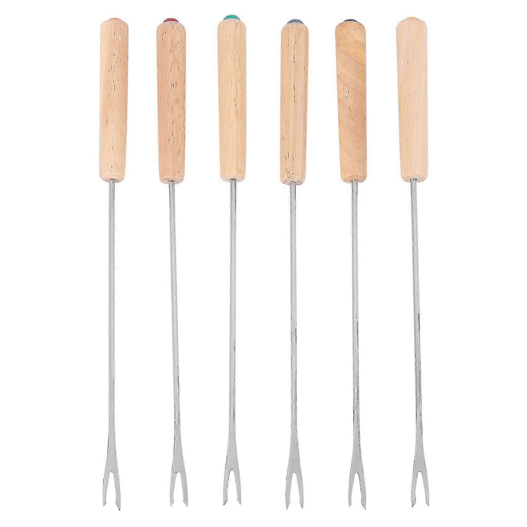 Stainless Steel Color Coding Chocolate Fountain Cheese Fondue Forks with Oak Wood Handle