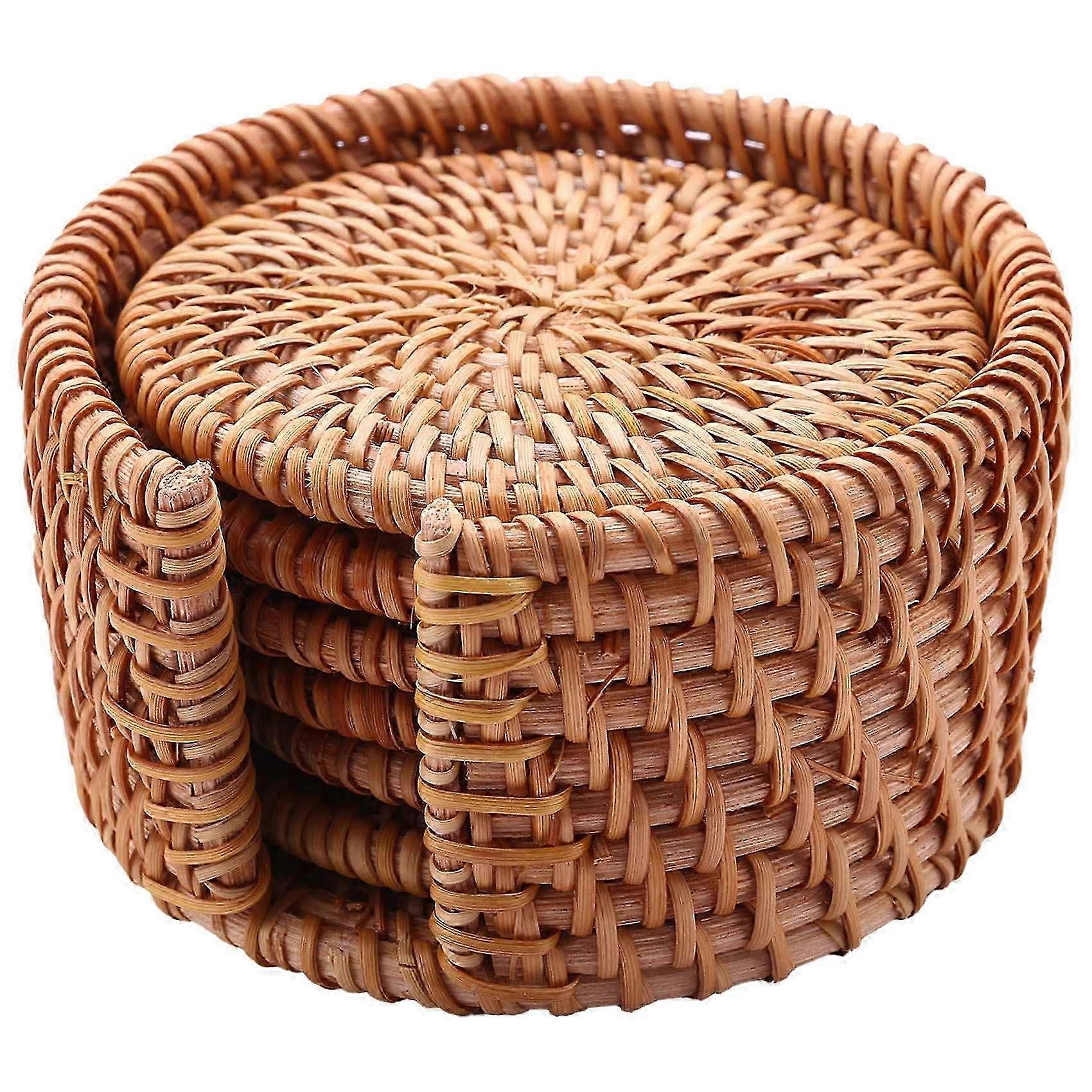 6Pcs Kungfu Tea Coasters Set, Round Rattan Weave Placemats for Tableware