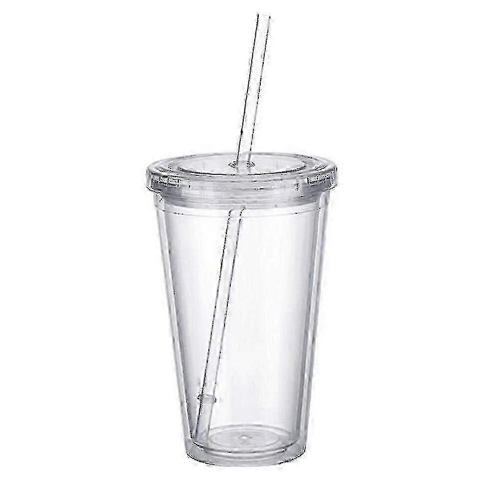 Double-Layer Insulated Coffee Cup with Lid & Straw, 500ml, Transparent