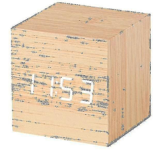 Cube LED Click Clock mit Soundaktivierung (Uhrzeit, Datum, Temperatur) - Bambus Weiß