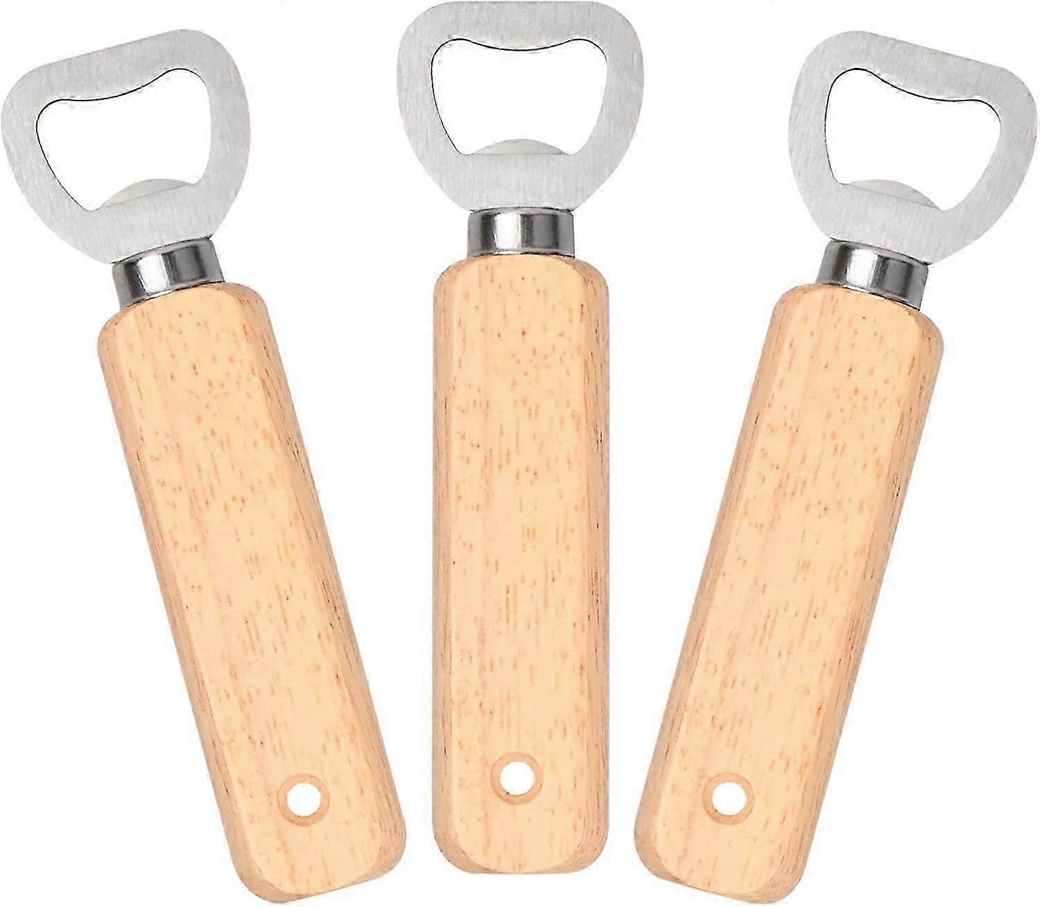 Set of 3 Bottle Openers for Beer, Made of Wood and Stainless Steel with Comfortable Handle