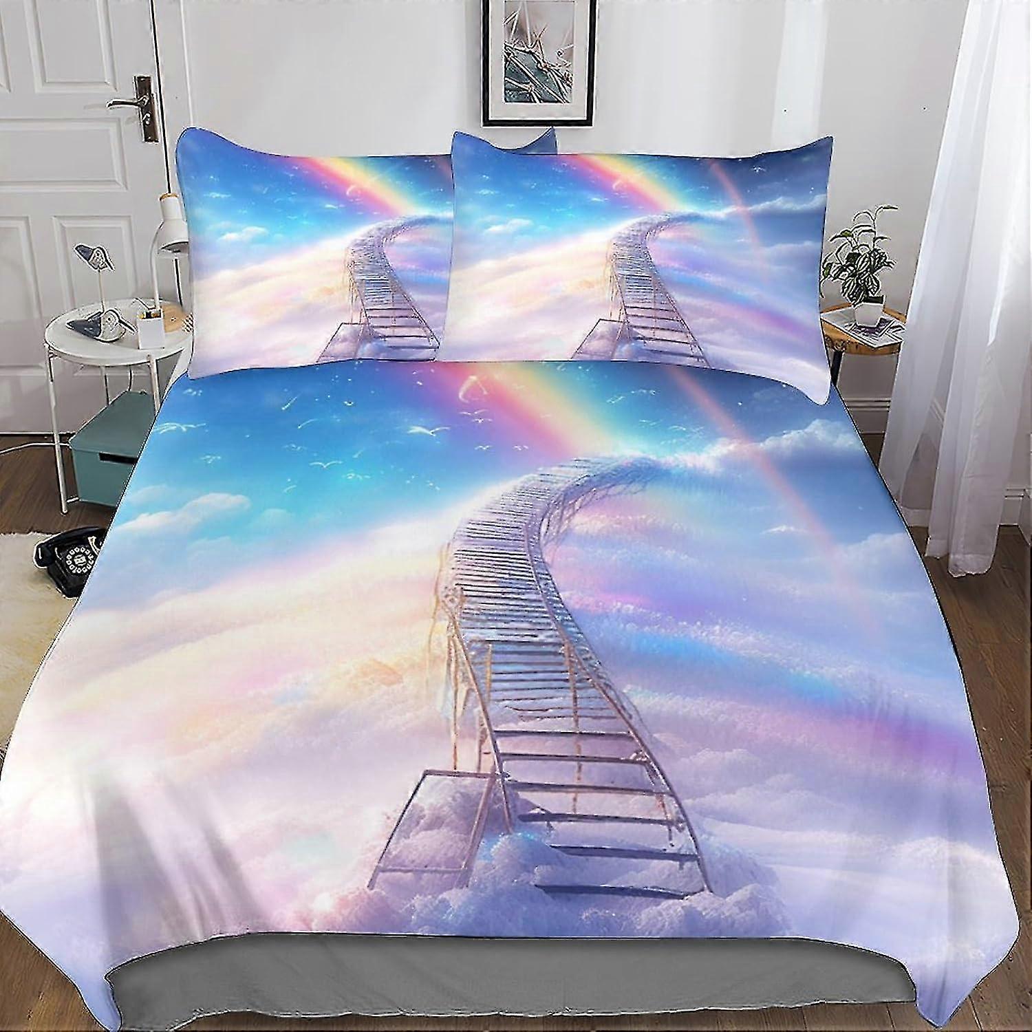 Conjunto de cama colorido de 3 peças com capa de edredom de escadas arco-íris para meninos, capa de edredom de impressão 3D de microfibra e fronha